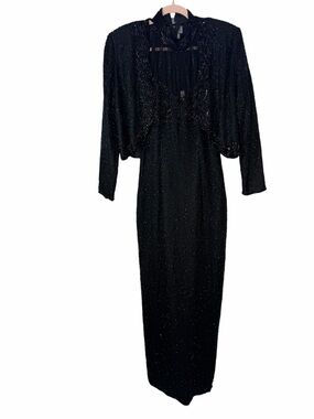 Laurence Kazar Black Beaded Halter Maxi Dress